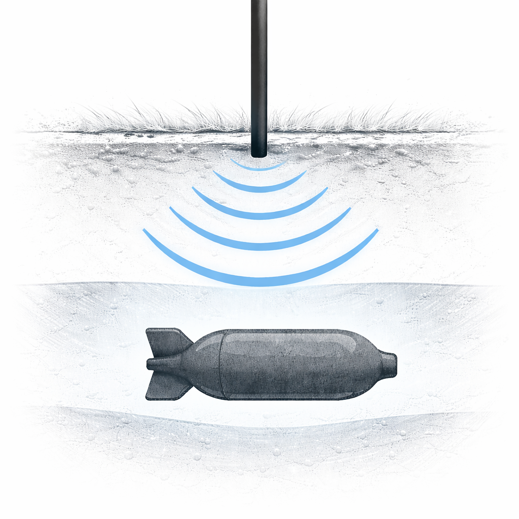Schematische Darstellung einer Sonde mit Suchwellen über einem unterirdischen Fundkörper